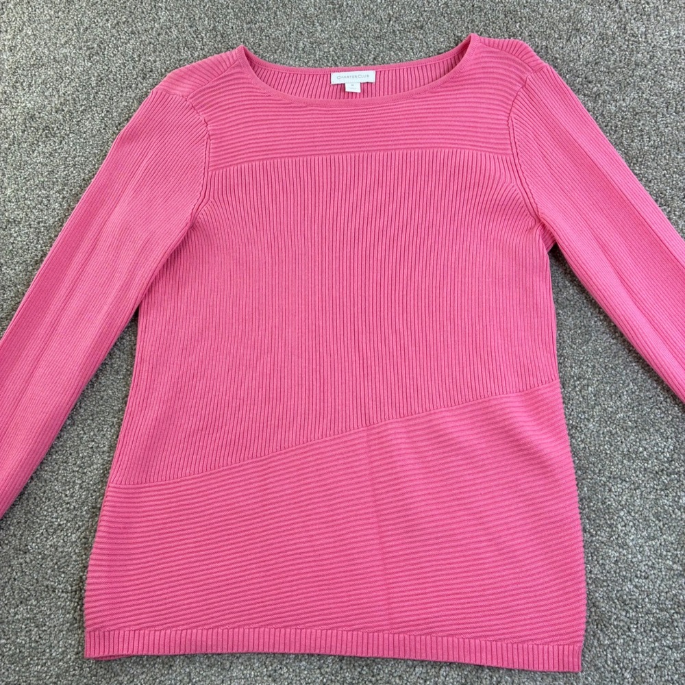 Charter Club Pink Ribbed Knit Long Sleeve Sweater Top Womens M Classic Knit